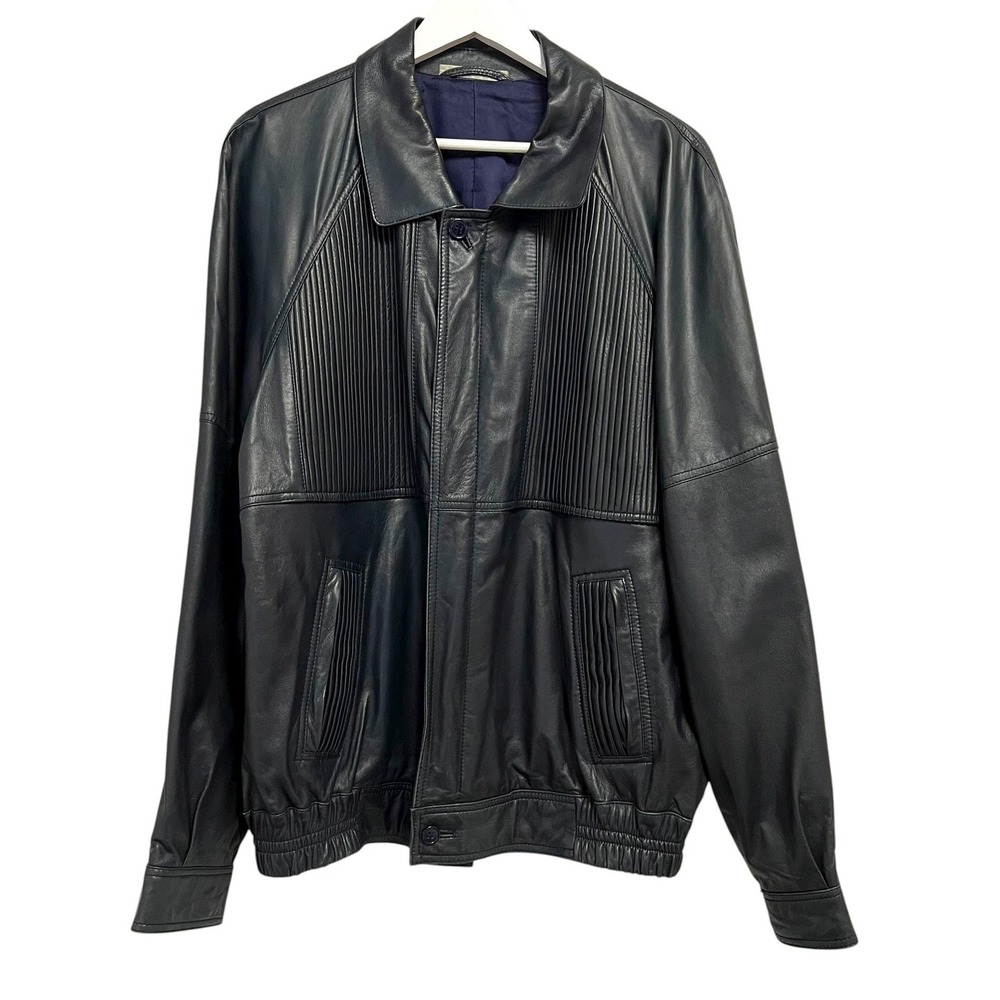 Leather Jacket Mens 44 Blue Bomber Pleated Panels Zip Elastic Hem Pockets